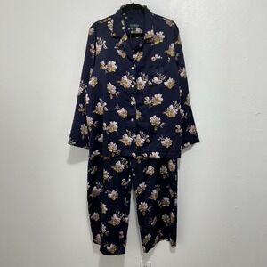 Lauren Ralph Lauren Satin Monogrammed Pajama Set Blue Floral Sz XL Long Sleeves
